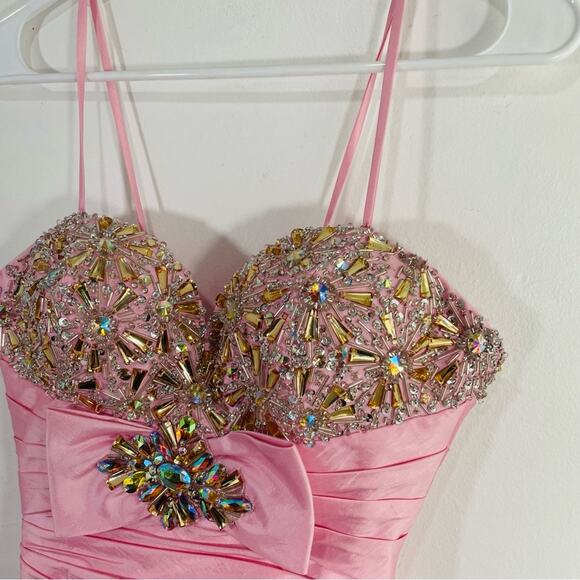 Tony Bowls Barbie Pink Beaded Jewel Sweetheart Pleated Mini Dress 0 Formal Prom - Picture 4 of 10